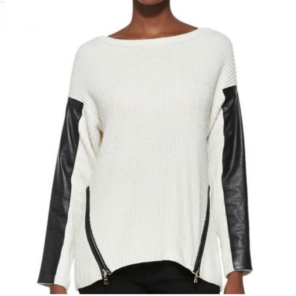 Milly cashmere blend Ribbed Leather Sleeves sweater blouse